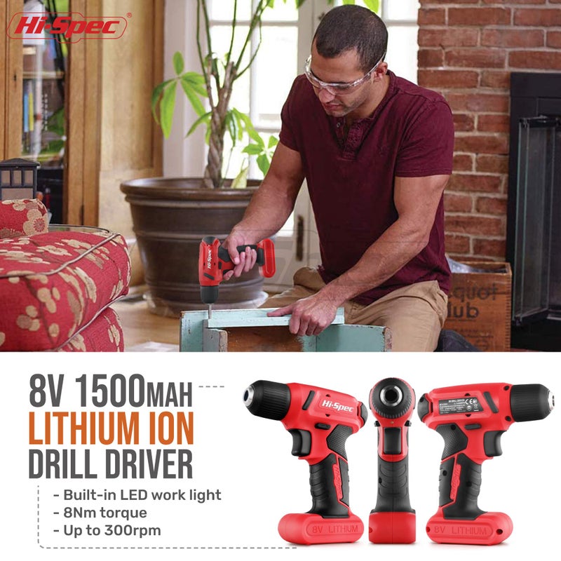 Hi-Spec 58pc Red 8V USB Electric Power Cordless Drill Driver and Home DIY Tool Kit Set. Screw Driver and Drill Bit Set Accessories, Pliers and Hammer In a Toolbox Case - Image 3